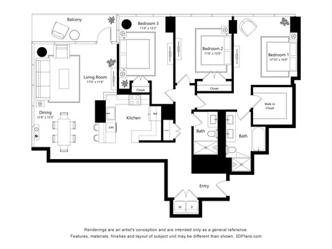 Floor plan for 3 beds, 3 baths, 1596 sqft